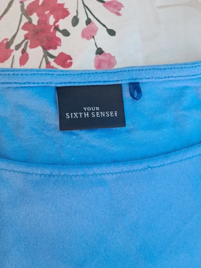 Superbe tee-shirt bi-matière 👕 bleu à motifs - T40/L - Sixth sense - photo numéro 6