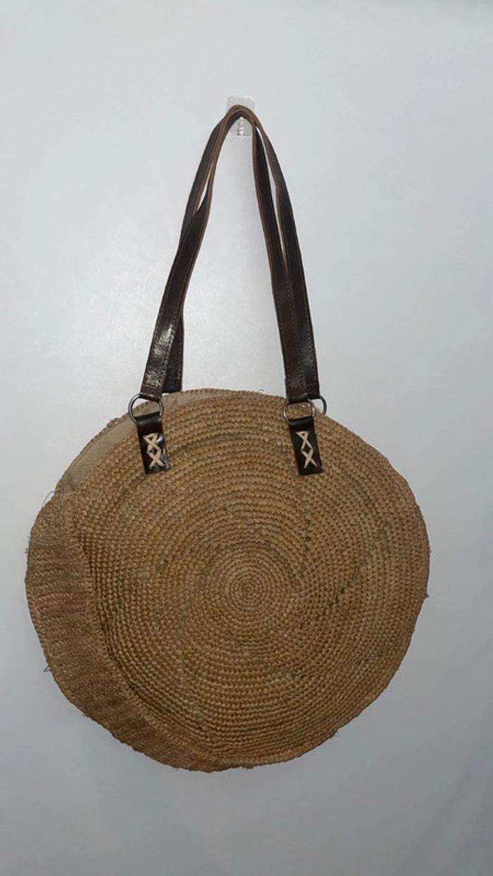 Sac Rond Neuf en Paille Tressée avec Anses en Cuir Véritable - photo numéro 2