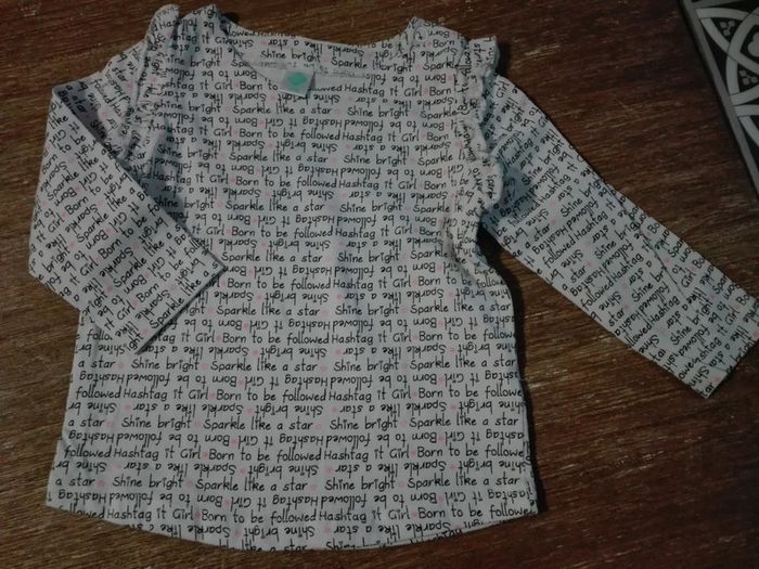 T-shirt bébé fille 12 mois blanc texte étoiles shine bright froufrou NEUF