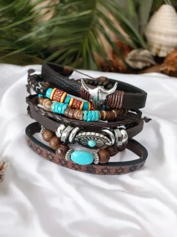 Bracelet en cuir - style western ethnique - breloque argenté 🌙