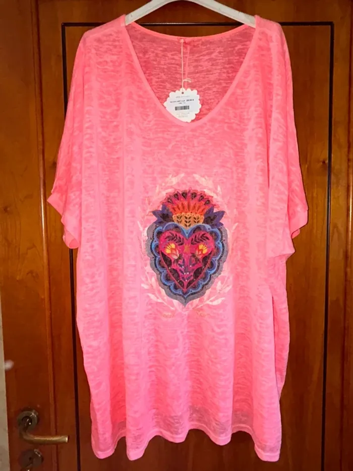 T-shirt tunique rose col v April Vintage taille unique