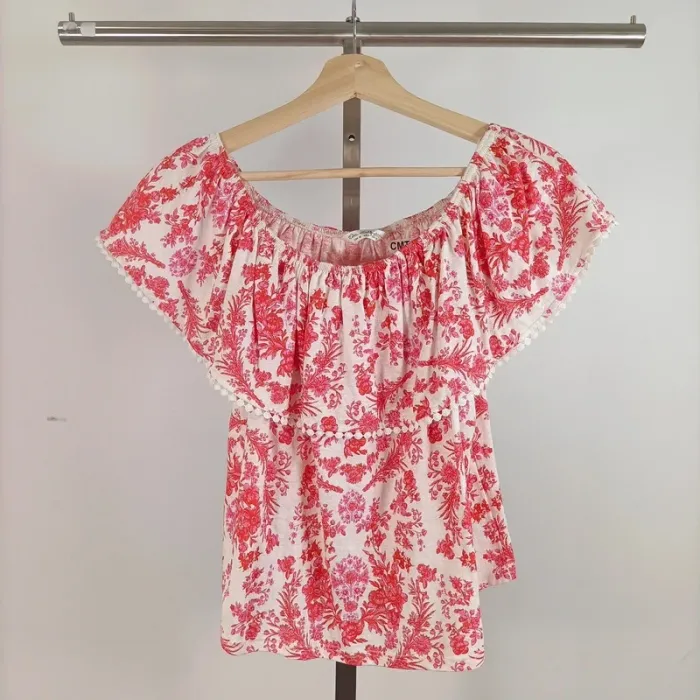 Blouse épaules dénudées motif floral rouge blanc rose Miss Selfridge, taille 38 Neuve A518 - photo numéro 6