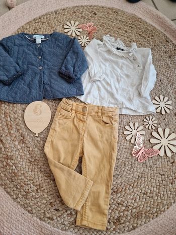 Ensemble veste bleu chemise blanche et jean jaune obaïbi bébé fille 6 mois