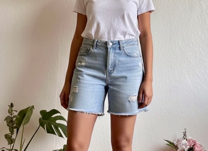 Short en jean clair style vintage, coupe droite au-dessus du genou