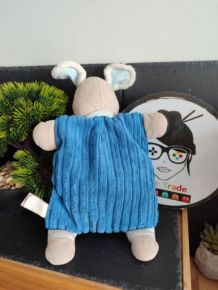 Doudou semi plat  chien Pommette Intermarché bleu beige poisson côtelé rayé 1986 - photo numéro 2