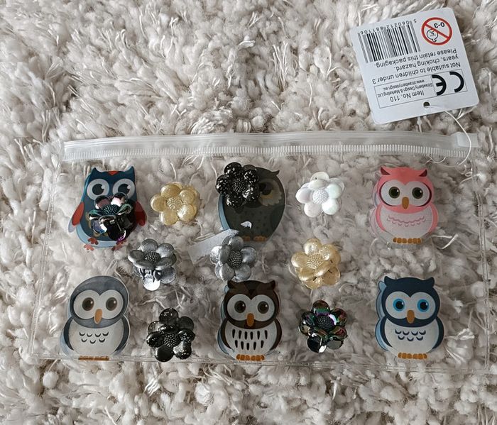 Une trousse oiseau et 10 barettes fleurs