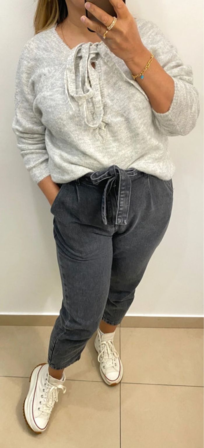 Superbe Pull Gris Col V À Nouer Taille M - photo numéro 3