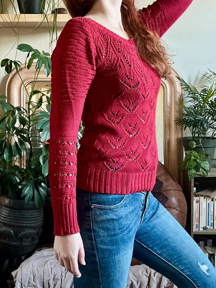 Haut manches longues type dentelle - rouge foncé - photo numéro 8