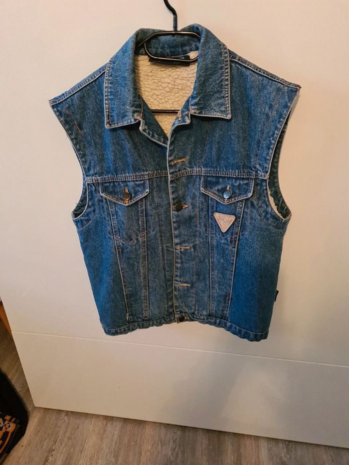 Veste jeans vintage sans manche rembourrées en laine - photo numéro 2