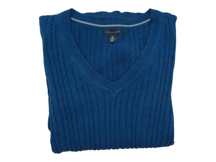 Pull torsadé Tommy Hilfiger Femme Bleu Col V - photo numéro 2
