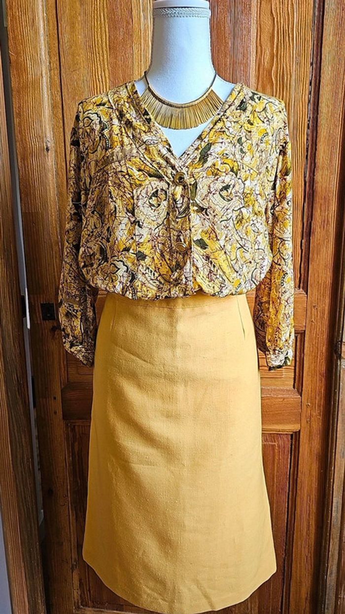 Blouse vintage coton boutons dorés jaune et verte - photo numéro 2