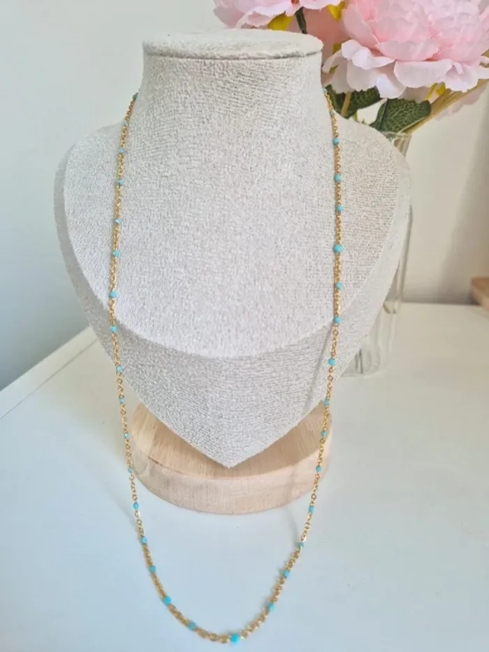1 collier 50cm + 5 cm 🌸 en acier inoxydable perles résines bleu ciel - photo numéro 2