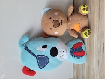 Lot de deux doudous, chien coussin et nounours.