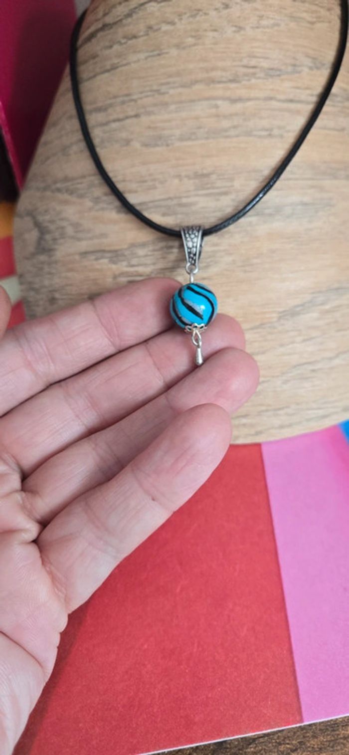 Collier perle duo noir et turquoise fimo neuf - photo numéro 2