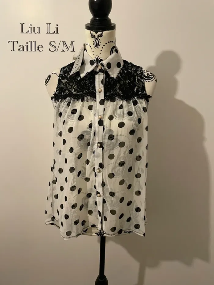 Chemise débardeur sans manche neuf Liu Li taille S/M noir à pois blanc à dentelle