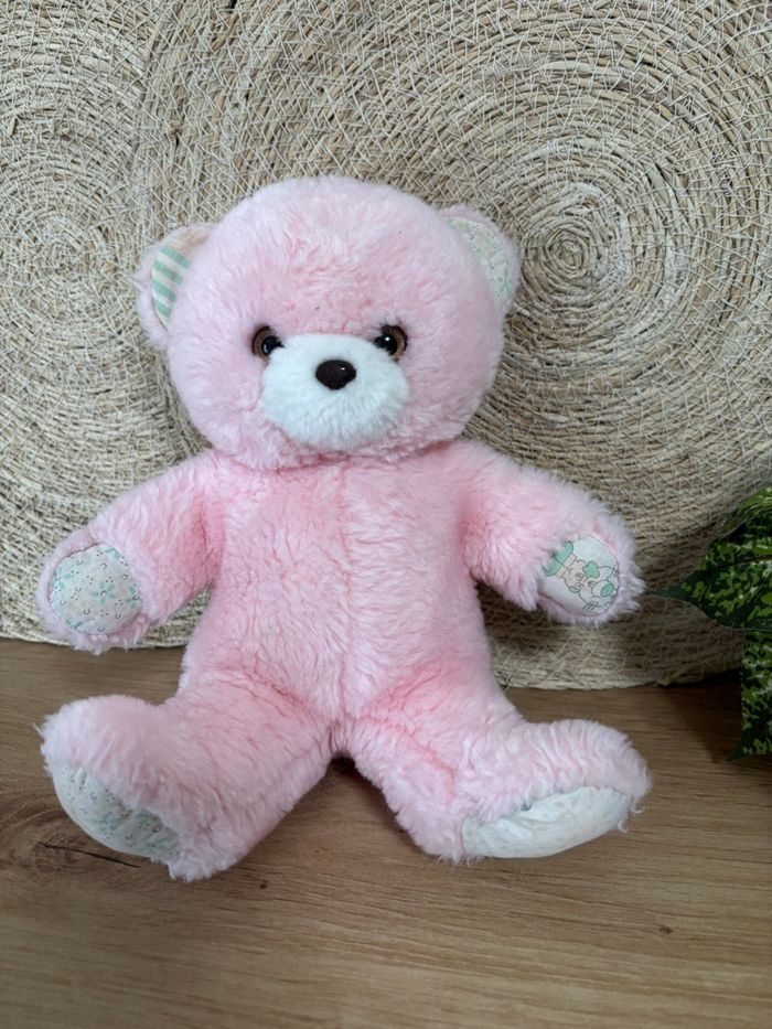 Peluche vintage ours rose pieds mains imprimé nounours