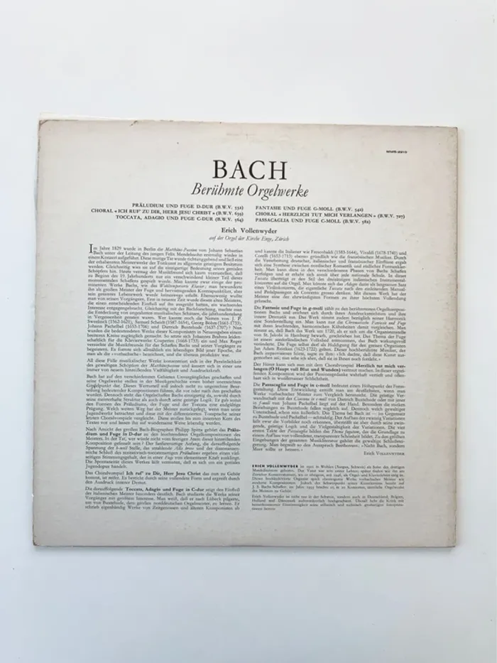 Disque 🎵 vinyle Lp : Bach, Erich Vollenwyder - berühmte orgelwerke - photo numéro 2
