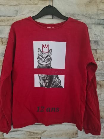 T-shirt rouge manches longues motif chat couronne Gémo 12 ans 