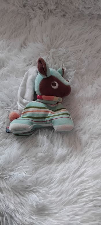 Doudou  biche cajou bleu vert rayés- Sucre d orge