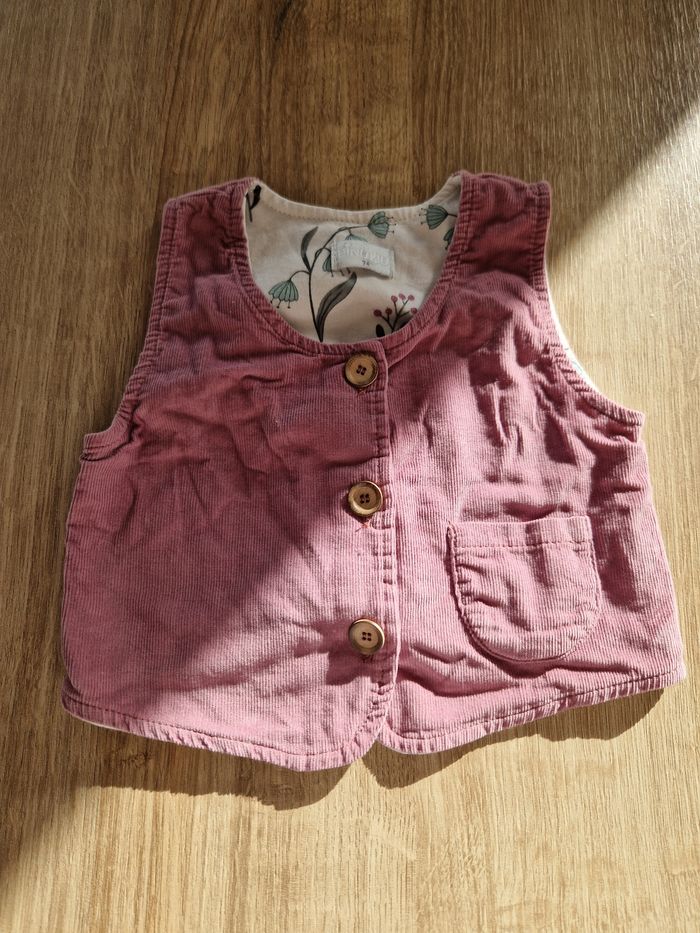 🌸 Gilet bébé Pinokio - velours côtelé rose poudré - 12 mois