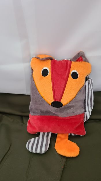 Doudou coussin renard rouge orange gris rayé MARQUE VERTE