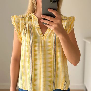 Blouse imprimée jaune, manches volantées, taille 42 Promod