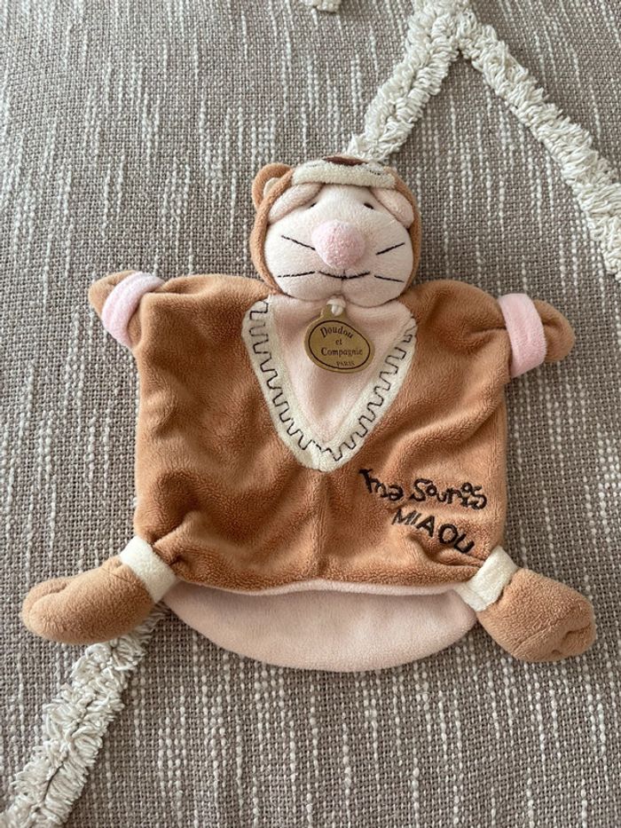 Peluche Doudou et compagnie marionnette 23cm souris déguisé en chat marron beige rose très bon état