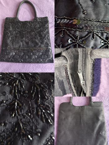 Petit sac à main vintage tissu brodé fermeture anse noir pampille perle sequin