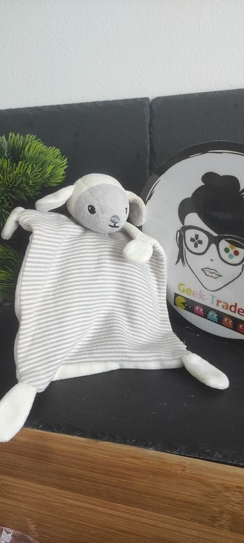 H&M doudou mouton plat carré blanc gris rayé rayure Chien Noeud