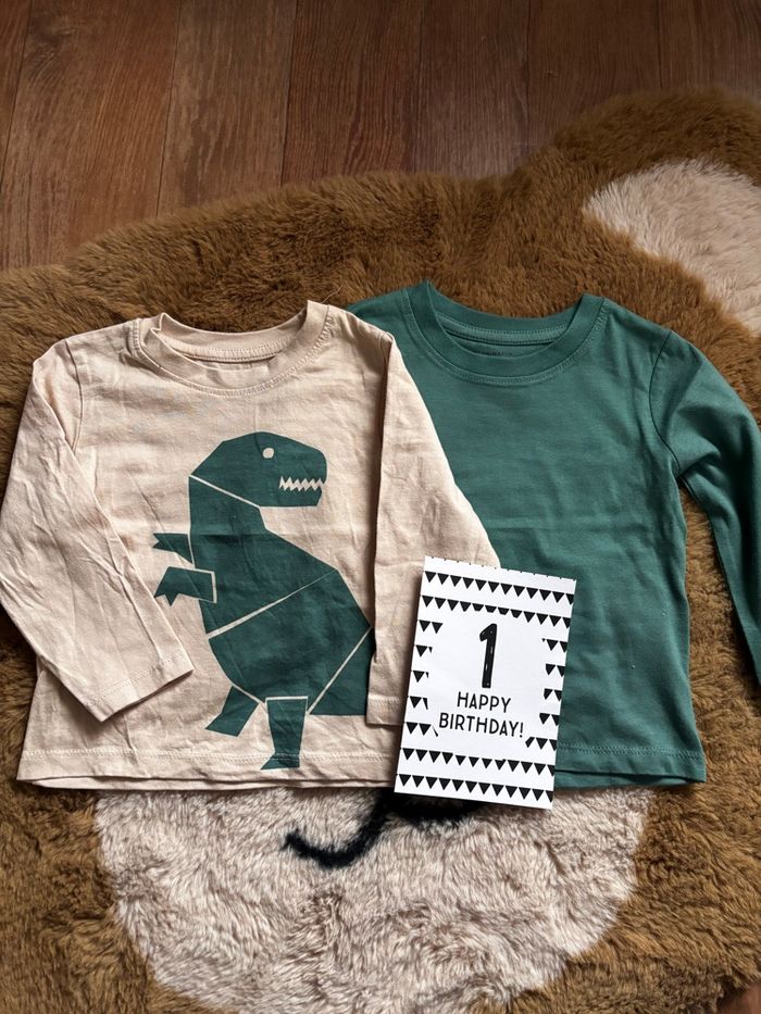 Lot tee shirt beige/vert dinosaure Primark t.9-12m
