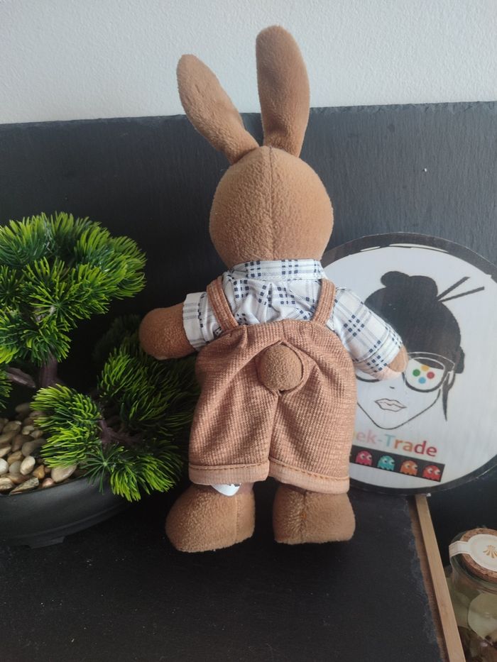 peluche lapin kuschelwuschcl marron beige salopette blanc carreaux ancien doudou - photo numéro 2