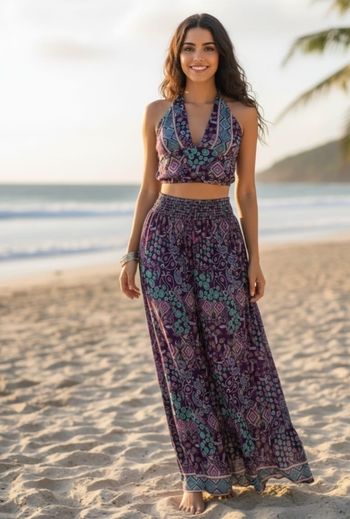 Ensemble d'été 2 pièces violet imprimé-pantalon & top 