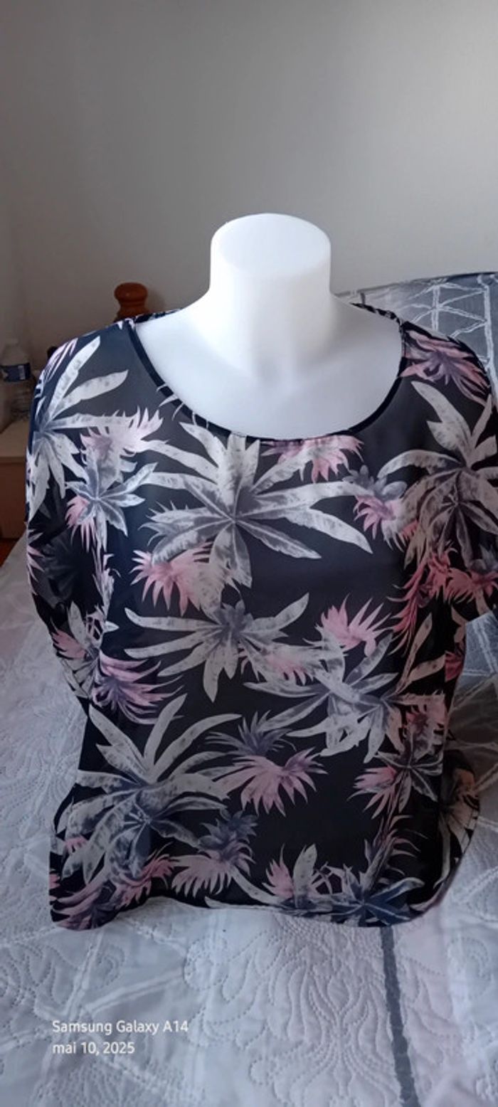 Blouse oversize en voile motif fleurs tropicales noir femme M amisu - photo numéro 5