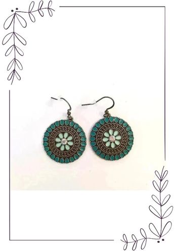 Boucles d'oreilles pendantes ronds métal coloris or bronze turquoise style rétro vintage boho