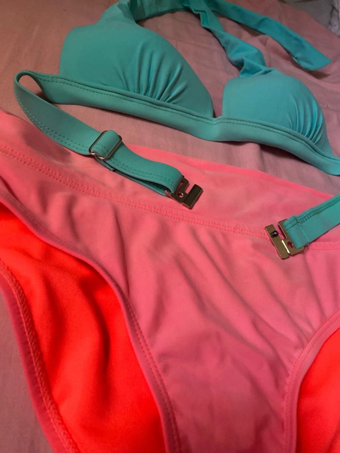 maillot de bain femme deux pièces turquoise et rose - photo numéro 6