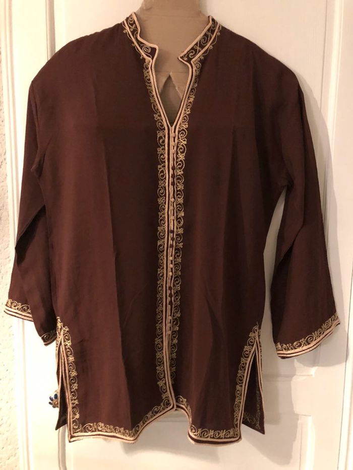 AN9- Blouse marron longue brodée TXXL (44-46) portée 1 fois