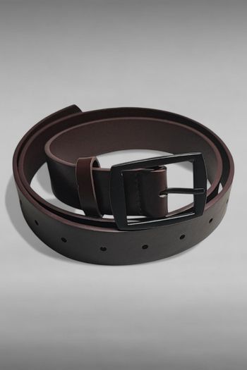 Ceinture cuir PU marron foncé / Boucle acier noire / 117CM