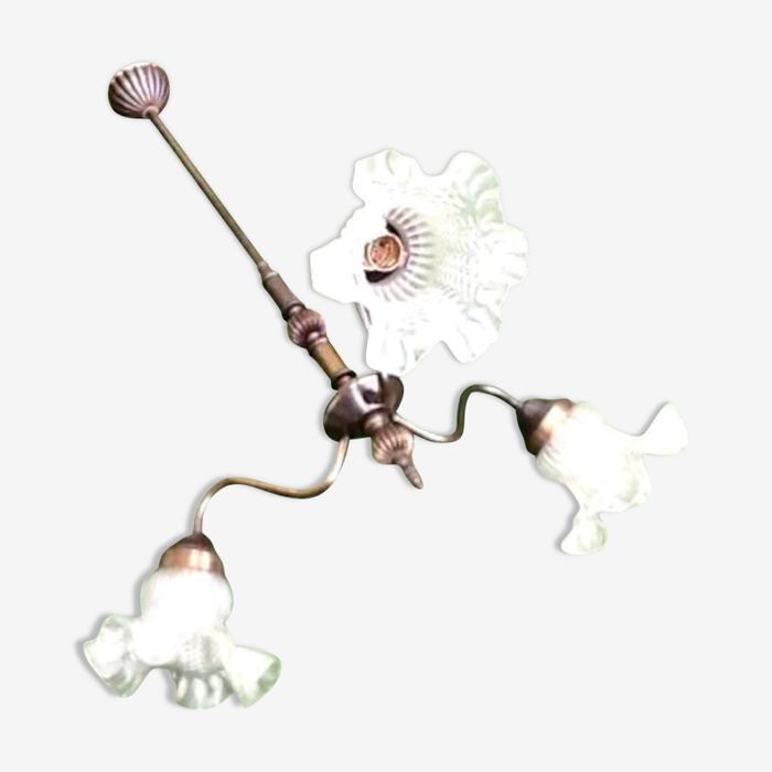 Années 1970 Lustre 3 bras de lumière Tulipes à volants monture laiton patiné - photo numéro 10
