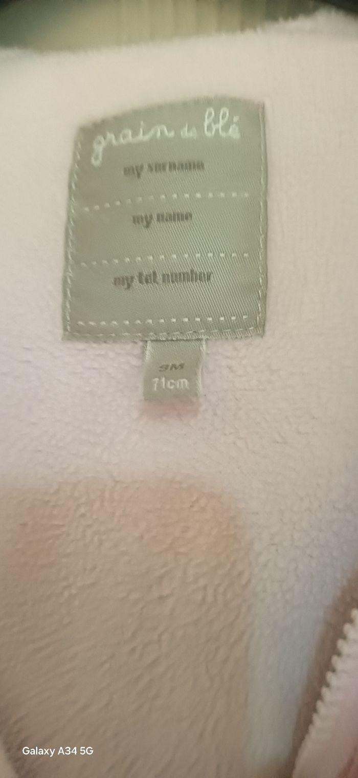 Combinaison bébé grain de blé molletonné chaude 9 mois couleur rose état neuf - photo numéro 3