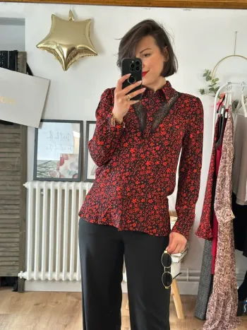 Chemisier Maje noir et rouge taille 38 motifs fleurs