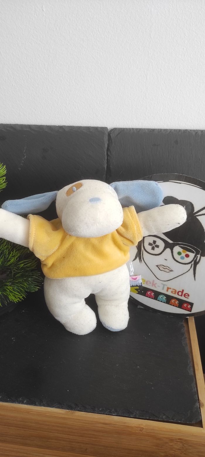 Doudou chien blanc bleu jaune sucre d'orge ancien pull Orange Ancien Peluche