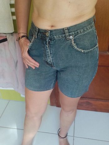 Short bleu en simili jean femme Id'est