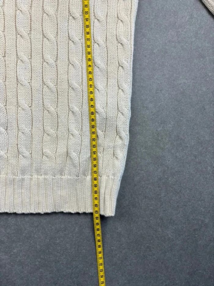 Pull d’hiver torsadé en maille Ralph Lauren blanc crème logo violet col V taille M femme - photo numéro 11