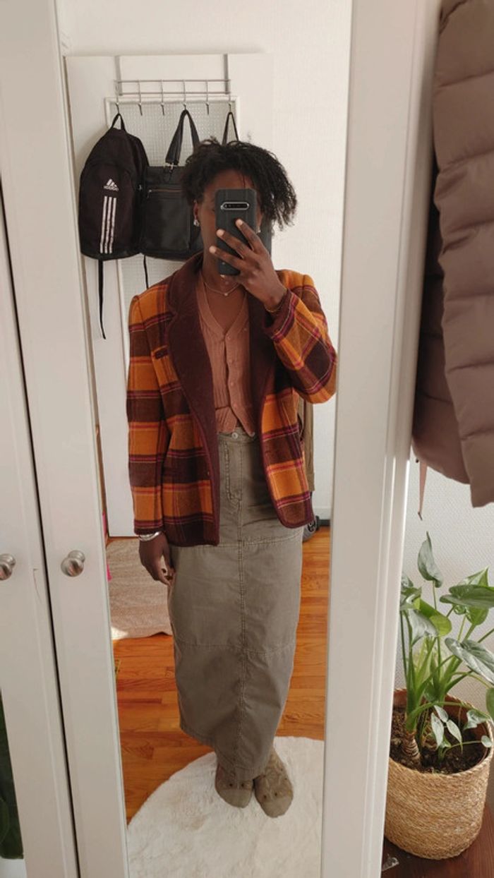 Veste en laine vintage oversize carreaux orange brun marron - photo numéro 6