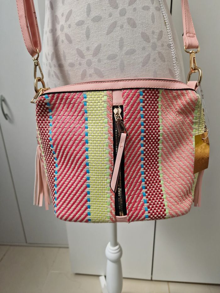Sac Bandoulière Tressé Multicolore Pompons Franges Roses - photo numéro 4