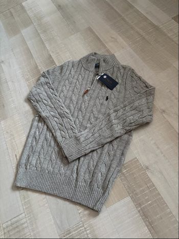 Pull torsadé Polo Ralph Lauren en laine half zip demi zip 1/4 zip gris neuf taille M