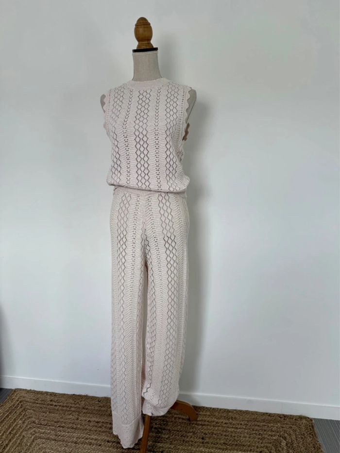 Ensemble maille tricot beige broderie pantalon top sans manches beige crème été - photo numéro 3