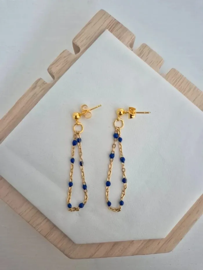 1 paire de boucles d'oreilles dorée or 
🌸 Acier inoxydable - perles résines bleu marine - photo numéro 3