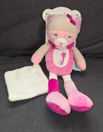 Doudou peluche pantin chat rose avec mouchoir- Les masqués - Baby Nat