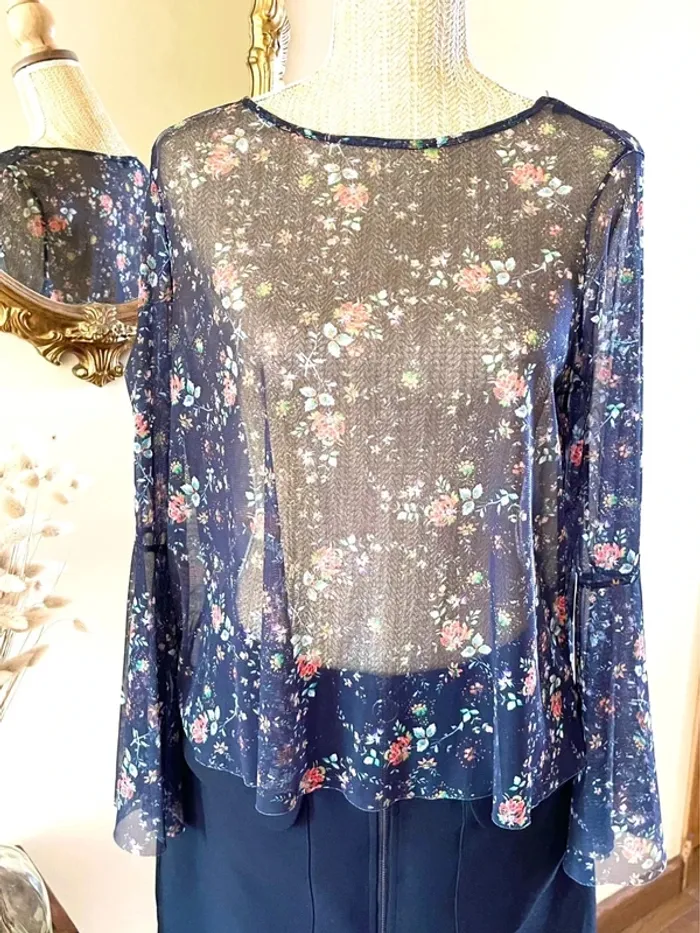 Sublime top fluide floral à manche large en tulle mango taille S - photo numéro 4